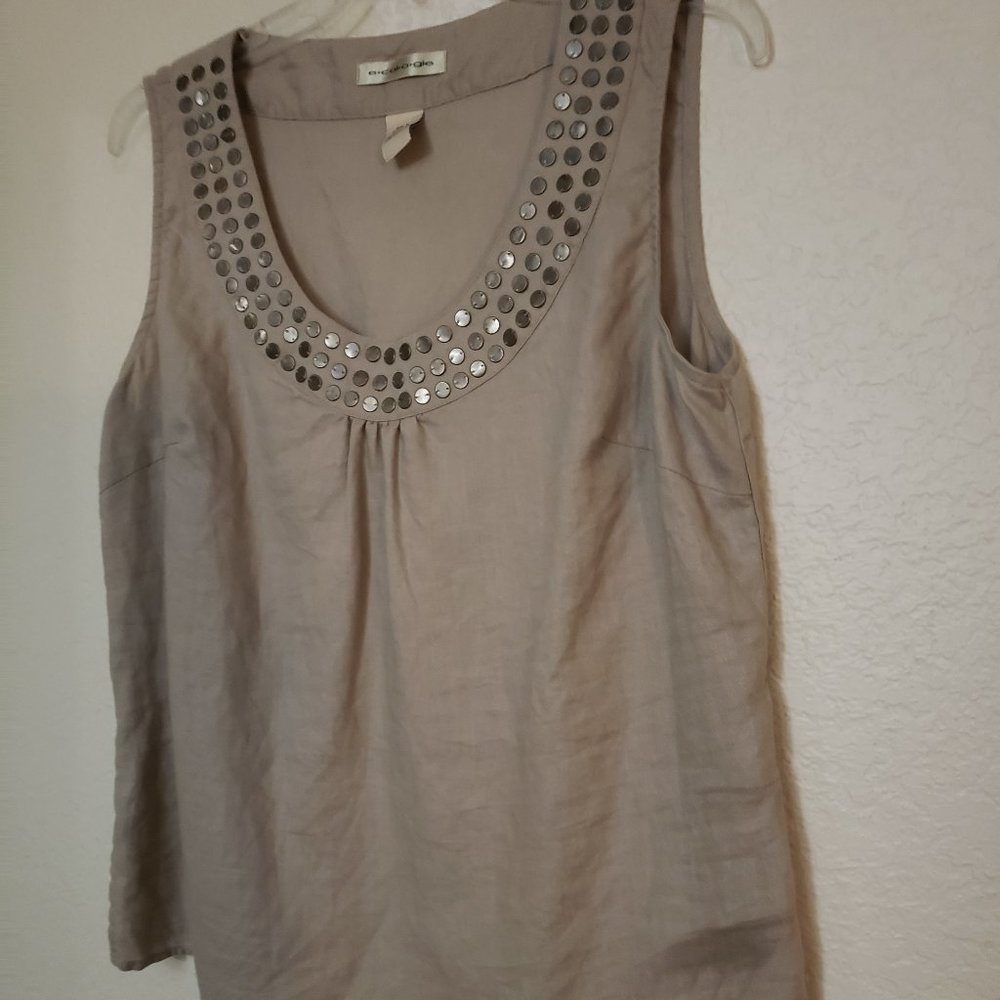 e.col.o.gie Designer Taupe Linen Top With Bronze Studded Neckline S-Large